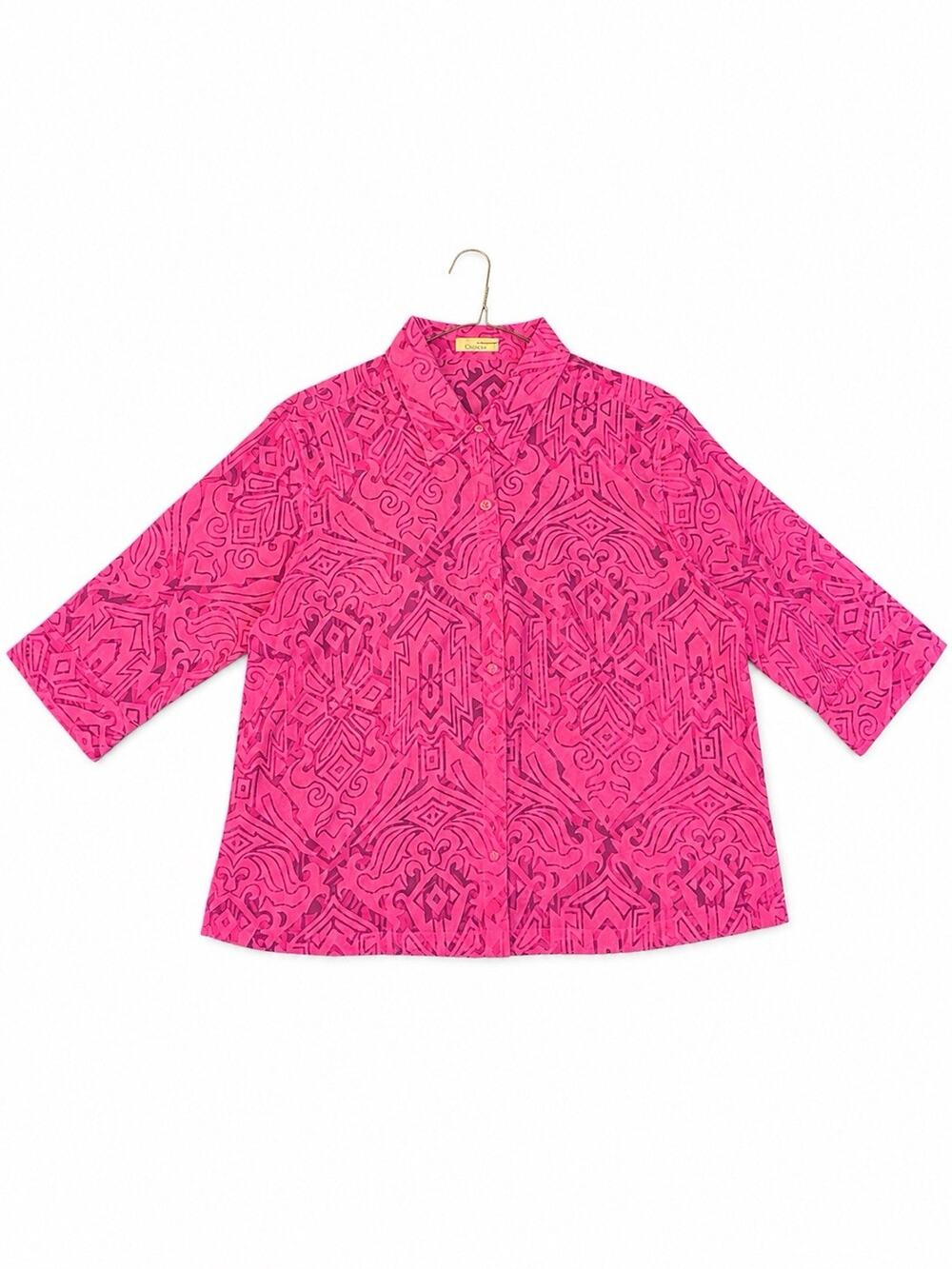 Choices Women's XL Pink Sheer Button Front Blouse Geometric Abstract 3/4 Sleeve